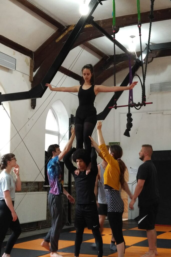 Circus performers training.